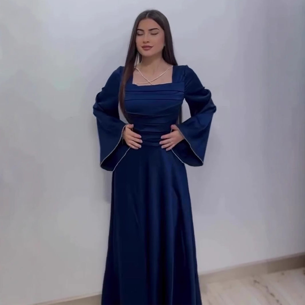 Women's Spring Design Diamond Tied Long Sleeves Satin Dresses