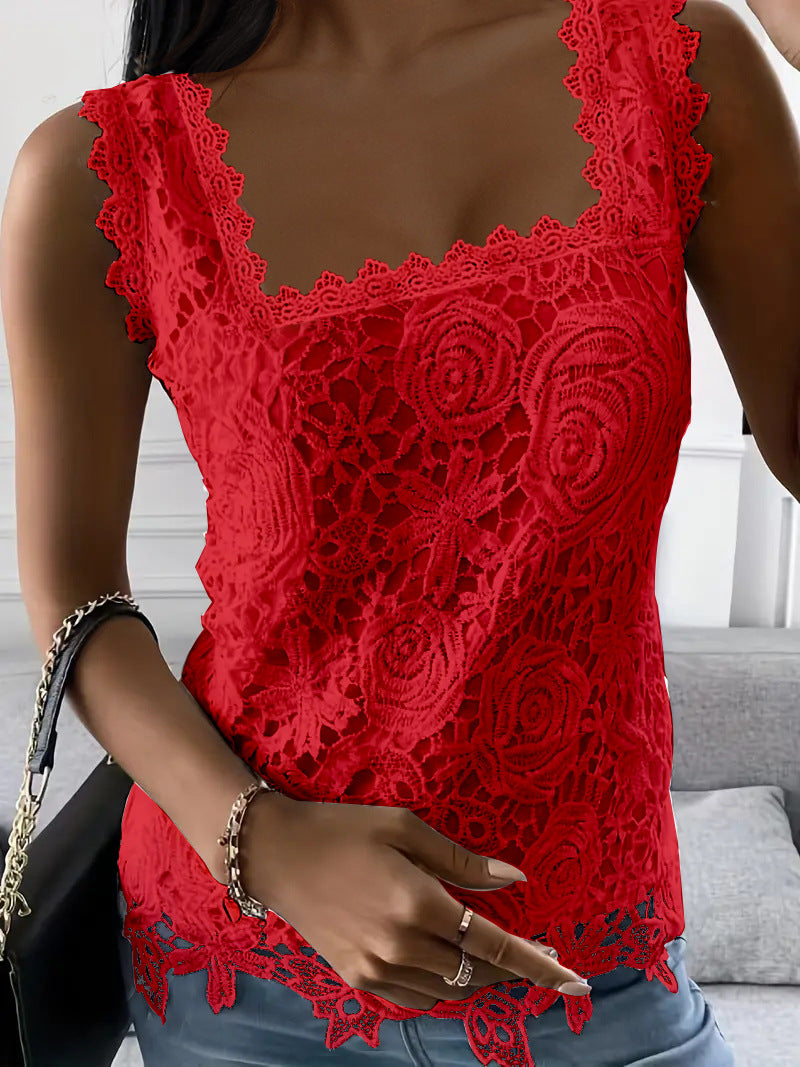 Summer Square Collar Lace Sleeveless T-shirt Blouses