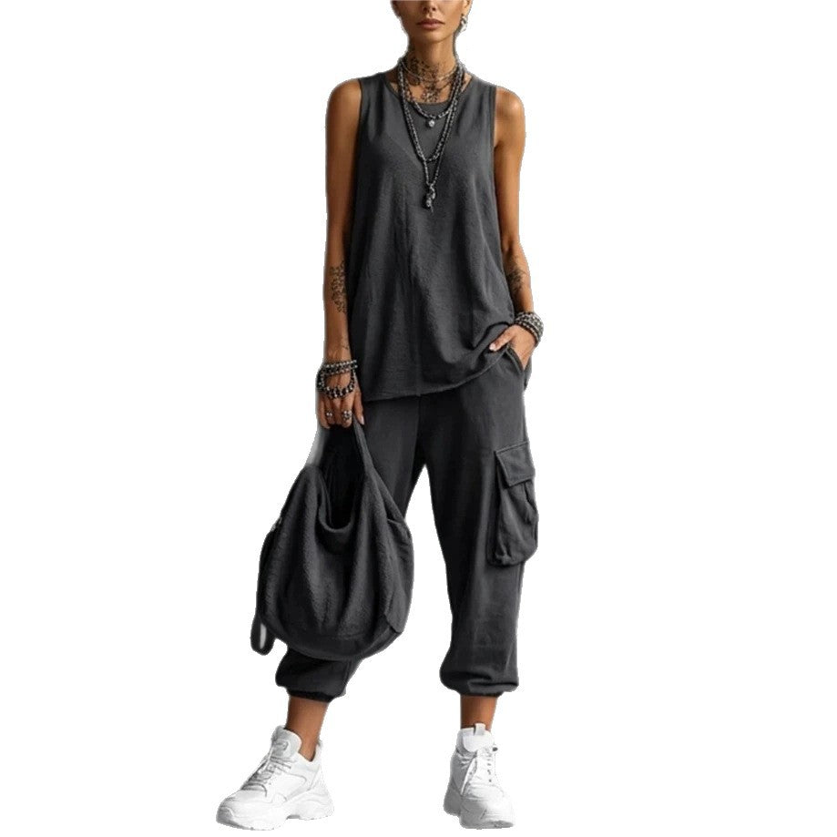 Women's Summer Sleeveless Round Neck Overalls Two-piece Fashion Casual Suit