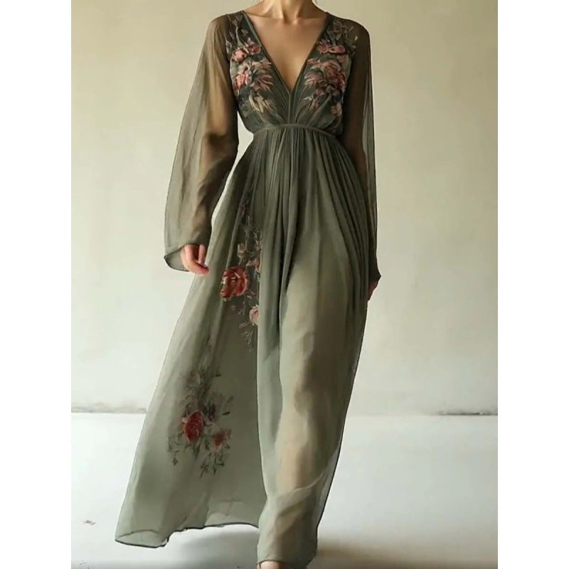 Digital Positioning Printed Long Sleeve Collar Dress