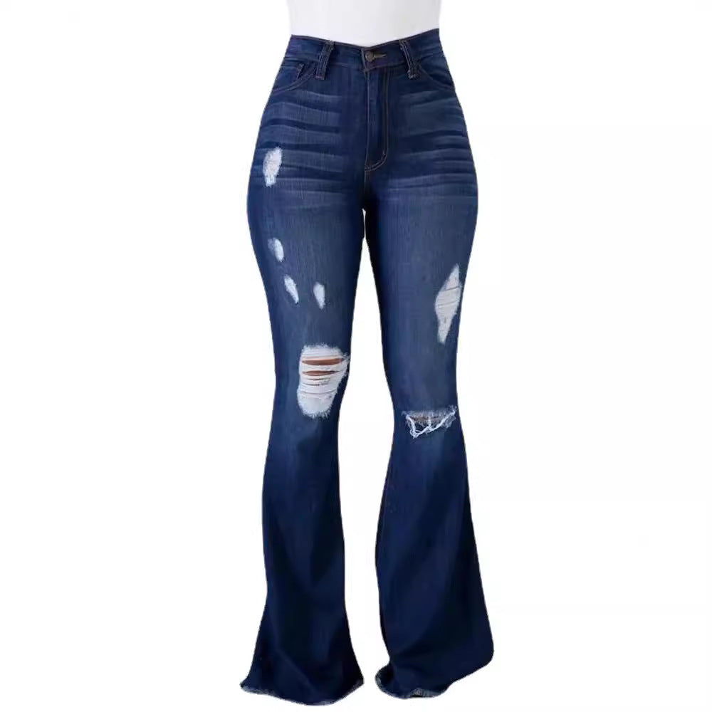 Beautiful High Elastic Ripped Waist Flared Jeans