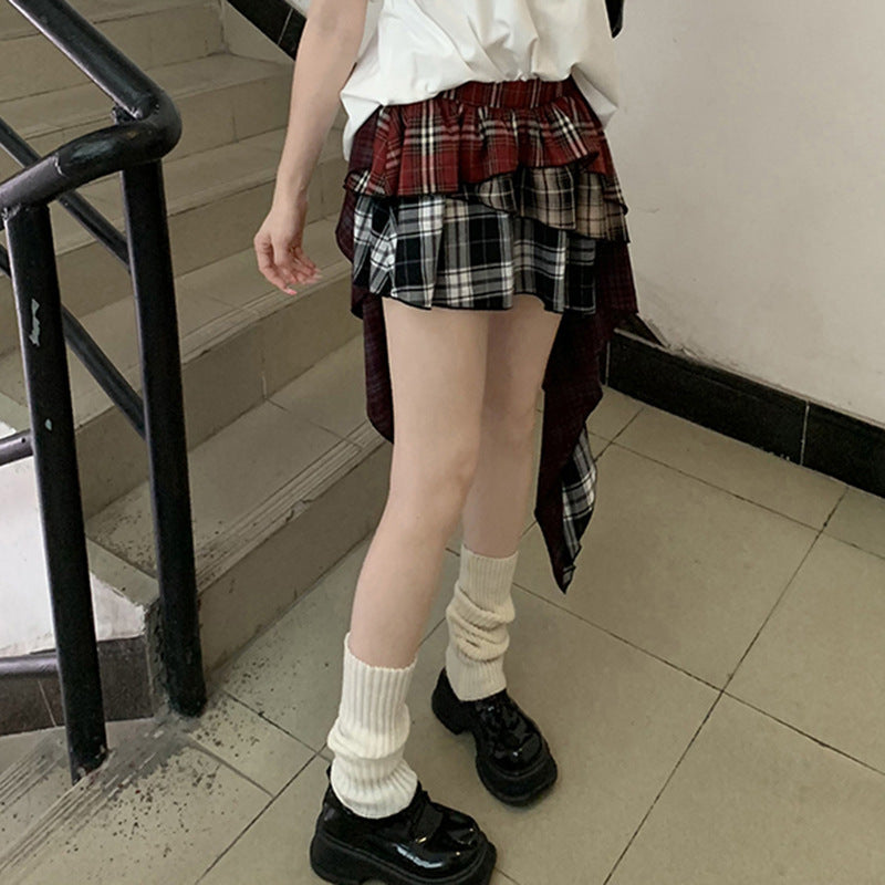 Women's Style Niche Design Stitching Plaid Irregular Contrast Color Skirts