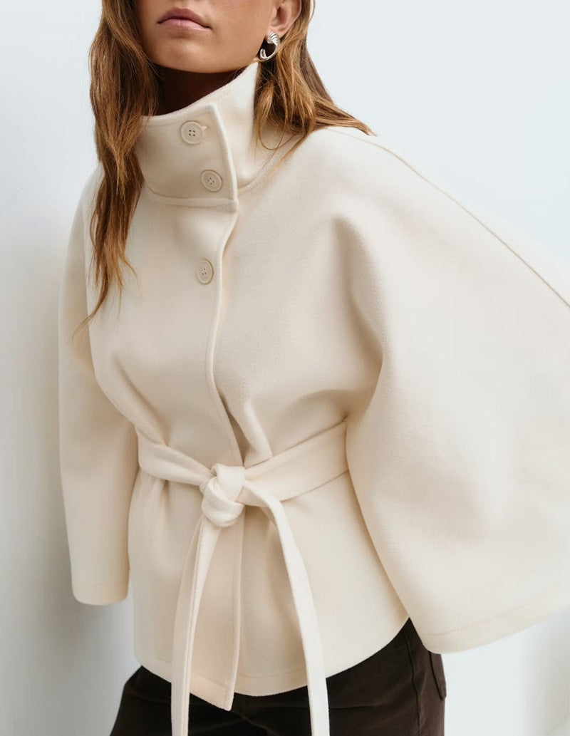 Women's Color Cloak Stand Collar Button Belt Coats