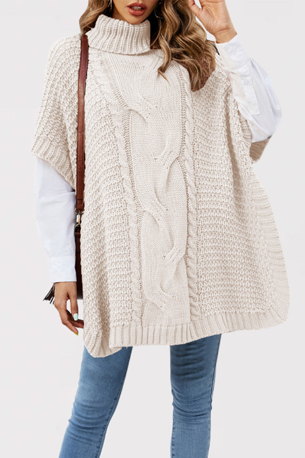 Women's Turtleneck Twist Shawl Loose Half Sleeve Knitwear