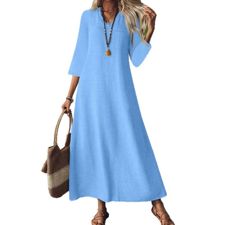 Zipper Sleeve Cotton Linen Solid Color Dress