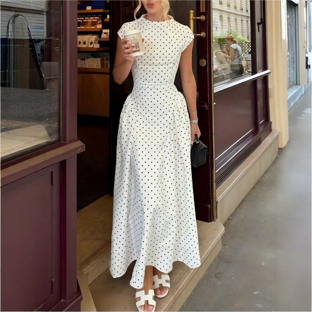 Elegant Retro Round Neck Polka Dot Printed Style Long Dress