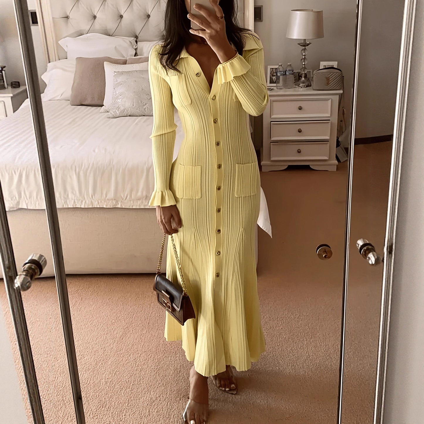 Women's French Lapel Solid Color Elegant Knitted Dress
