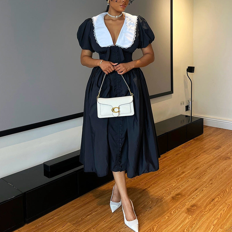 Women's French Fashion Puff Sleeve Temperament Black Dresses