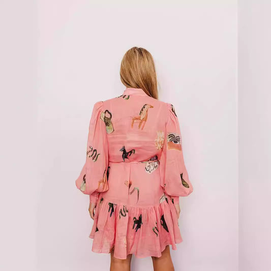 Fashion Puff Sleeve Lotus Leaf Hem Dresses