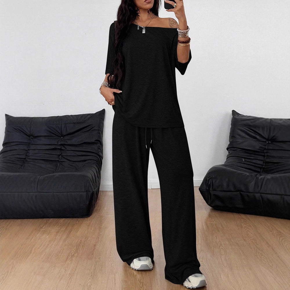 Women's Diagonal Collar Wide Leg Solid Color Sports Two-piece Loose Suits