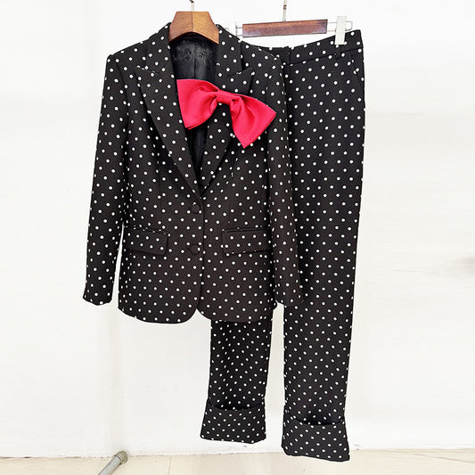 Bow Decoration Polka Dot Dots Trousers Suits