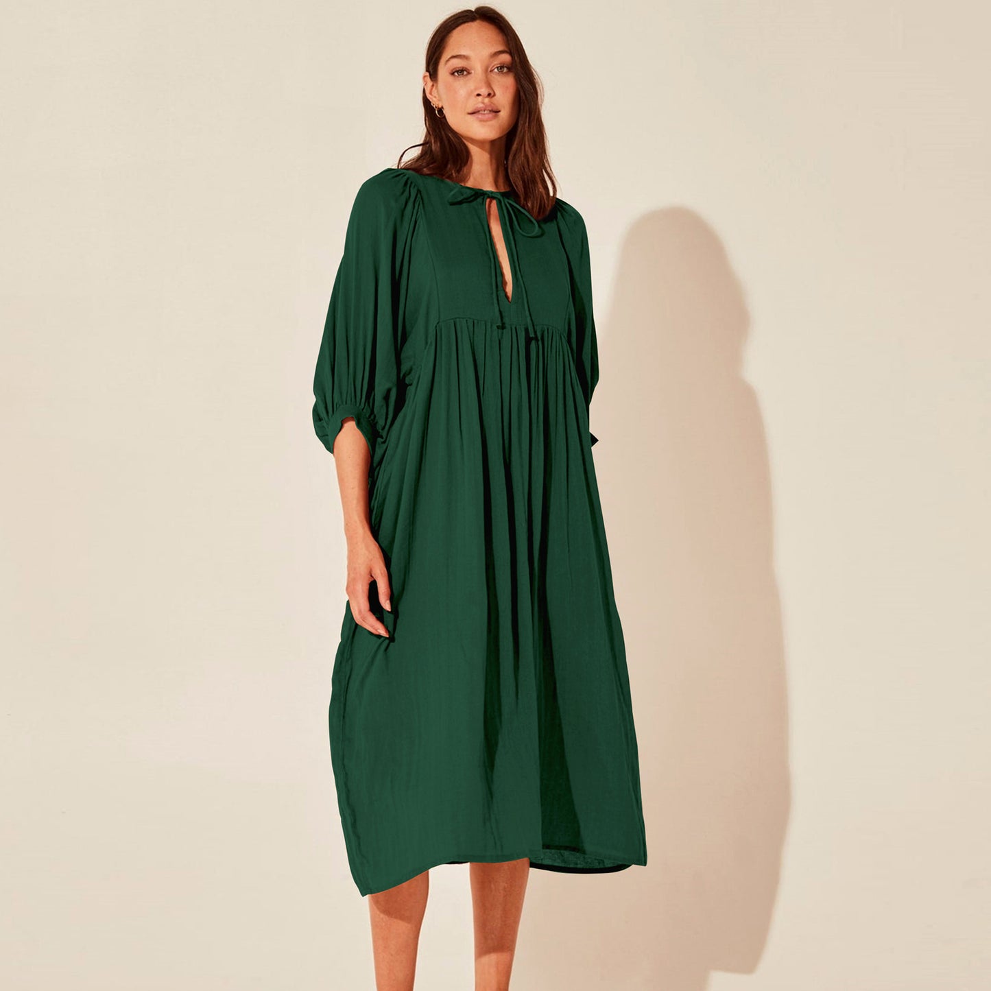 Large Loose Long Sleeve Lantern Casual Retro Solid Color Dress