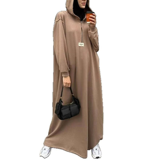 Solid Color Hooded Loose Long Sleeves Dresses