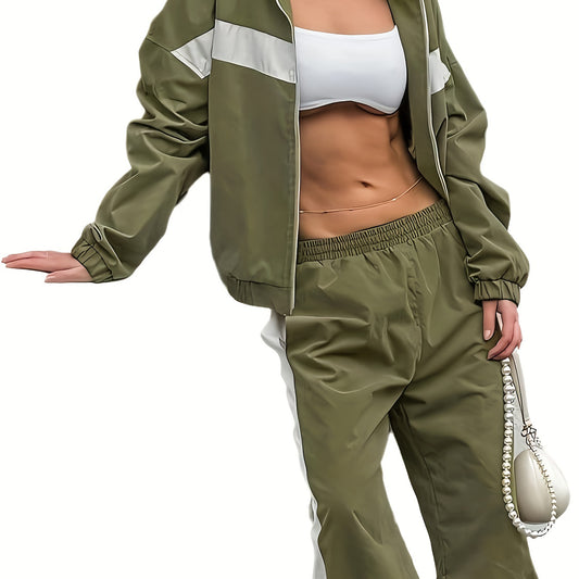 Color Stitching American Sports Commuter Two-piece Set Female Leisure Fashion Casual Suit
