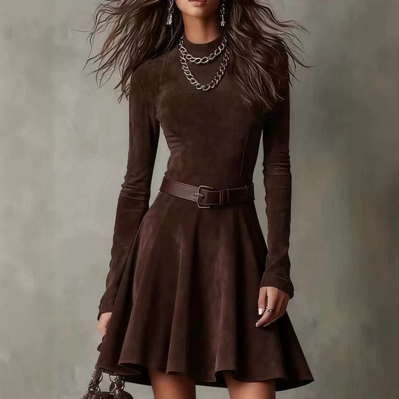 Women's Suede Long-sleeved Retro High Collar Slim Fit Skirts