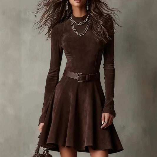 Women's Suede Long-sleeved Retro High Collar Slim Fit Skirts