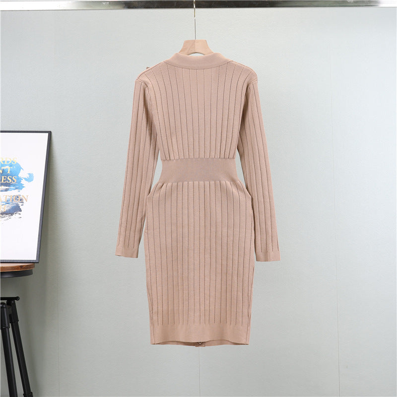 Women's Temperament Long-term Polo Collar Solid Color Dress