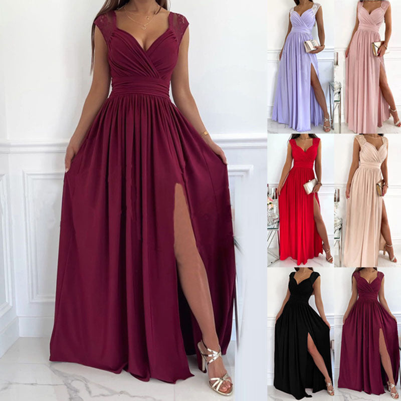 Women's Sleeveless Lace Backless Slit Hemline At Dress