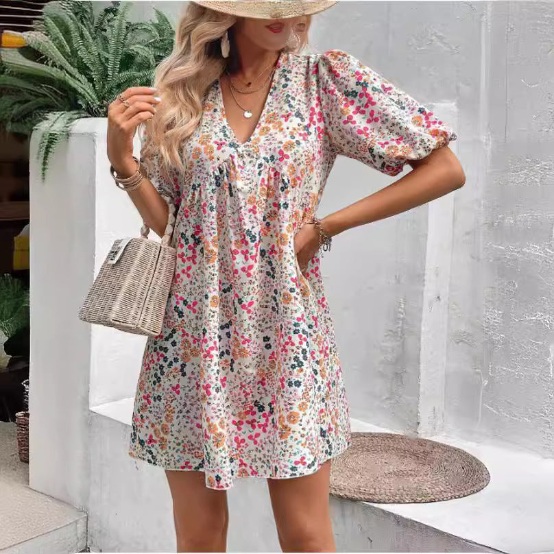 Women's Summer Sweet Floral Printed Puff Sleeve Pleated Casual Dress