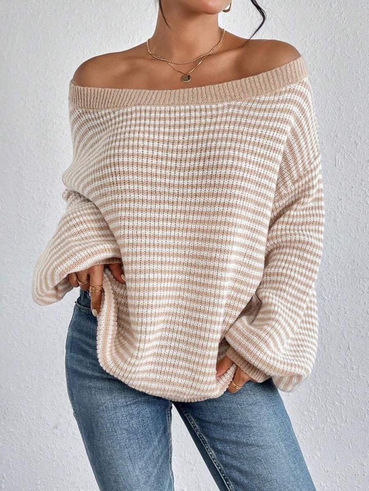 Women's Loose Contrast Color Striped Lantern Sleeve Sweater