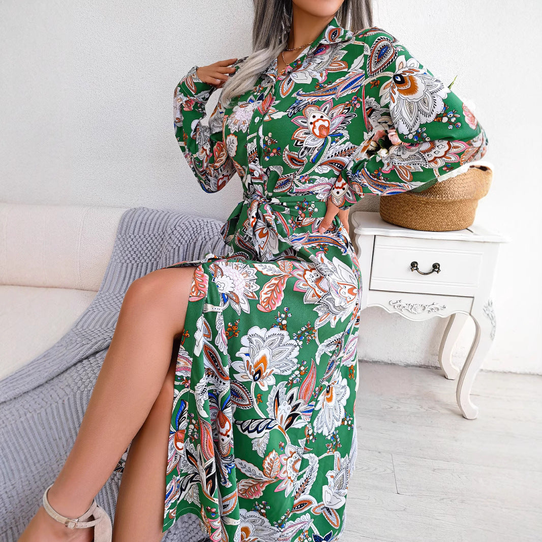 Women's Vintage Flower Lapel Tied Shirt Long Dress