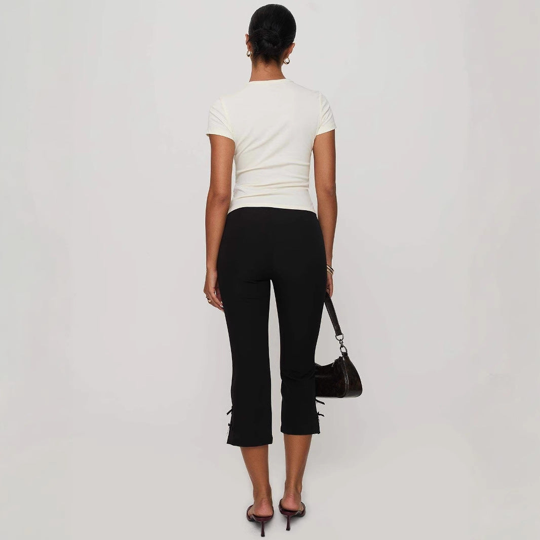 Women's Casual Bow Cropped Elastic Waist Temperament Pants