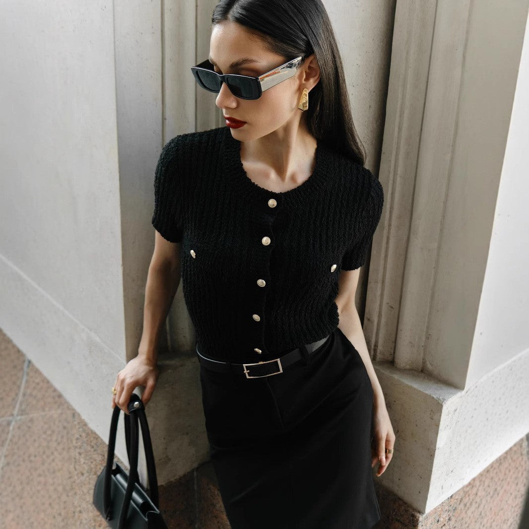 Women's Source Summer Metal Buckle Round Neck Sleeve Women's Sweater