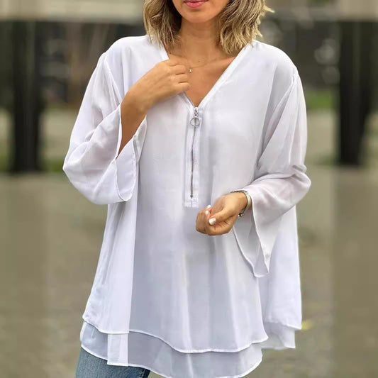 Sleeves Casual Chiffon Metal Zipper Loose Tops
