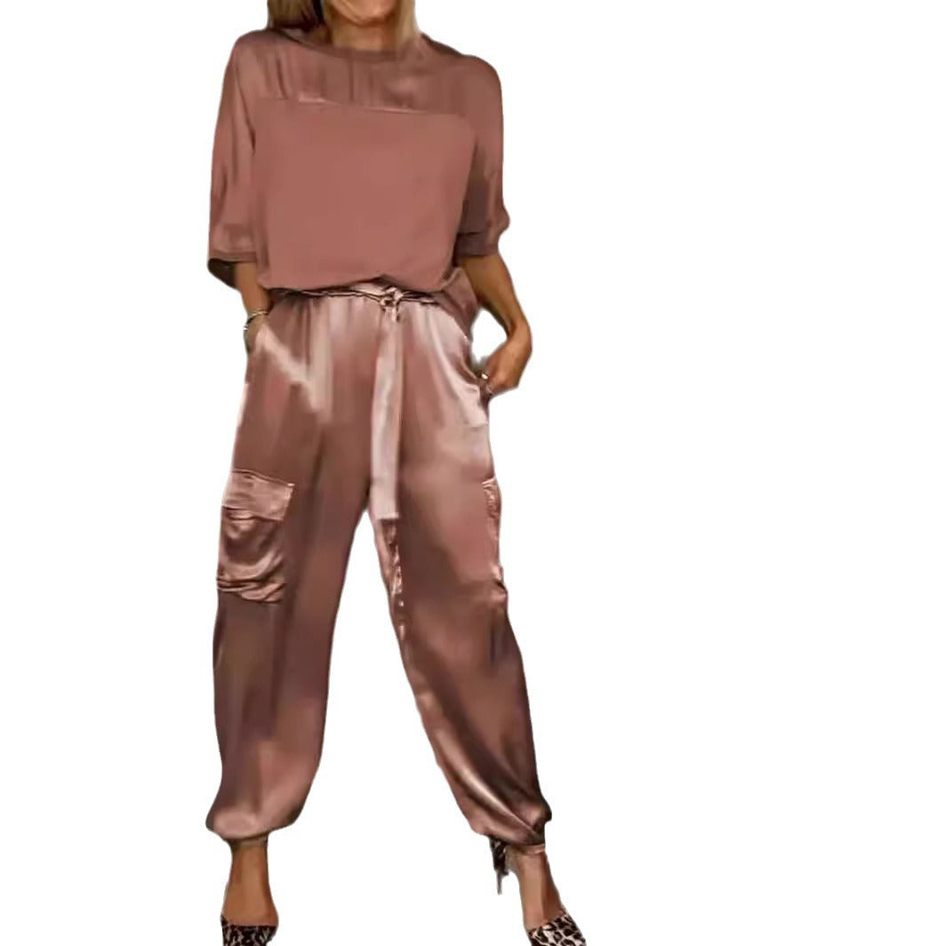 Women's Solid Color Smooth Satin Half Sleeve Shirt Two-piece Fashion Casual Suit