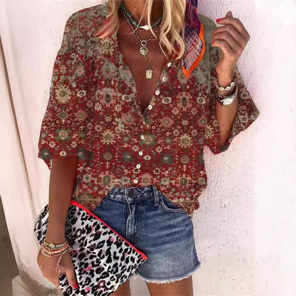 Women's Fashion Summer Stand Collar Loose Button Retro Blouses