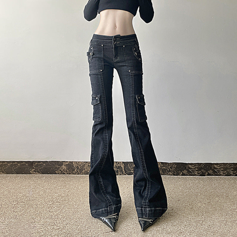American Style Retro Overalls Pocket Denim Trousers Washed Jeans