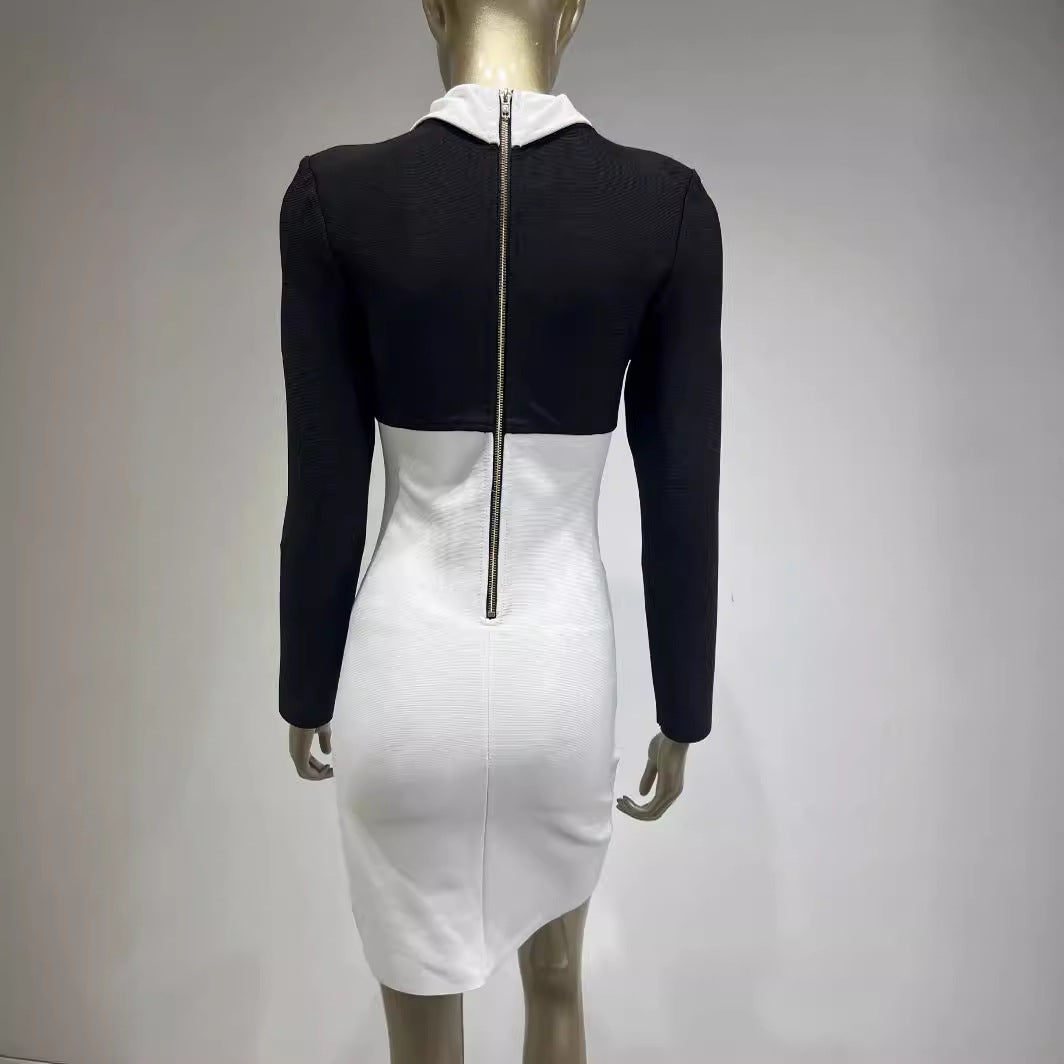 White Stitching Collar Metal Button Bandage Dresses