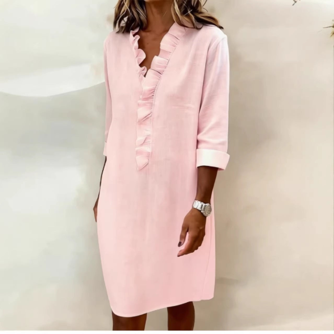 Women's Slimming Wooden Ear Long Sleeve Cotton Linen Dress