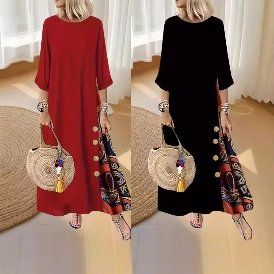 Autumn Temperament Button Printed Round Neck Dress