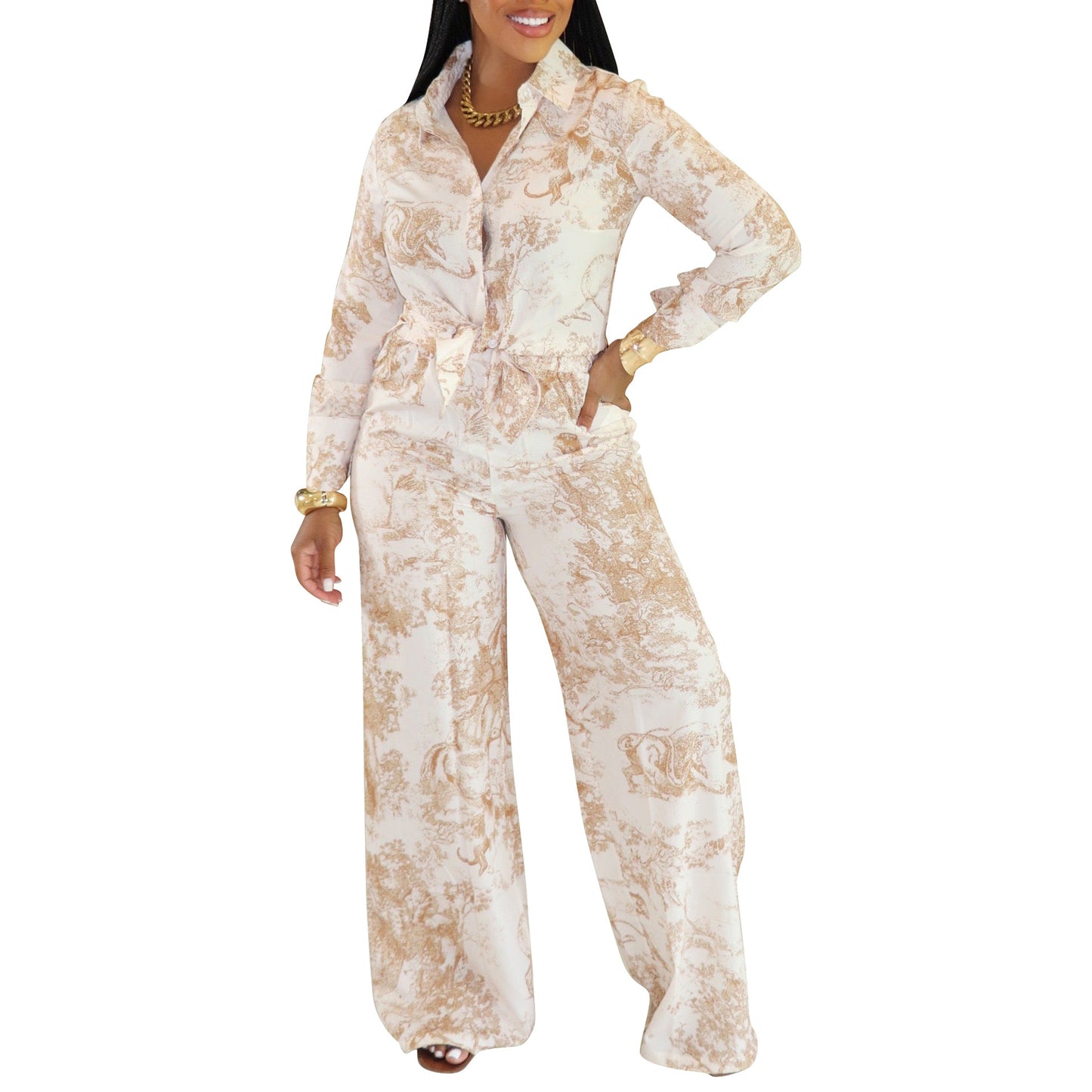 Women's Fashion Casual Long-sleeved Shirt Trousers Two-piece Suits