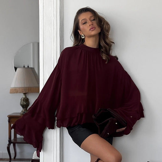 Women's Style Brown Ruffled Chiffon For Autumn Blouses