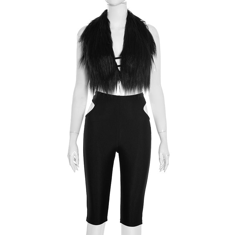 Women's Fur Collar Backless Cutout Midriff Outfit Suits