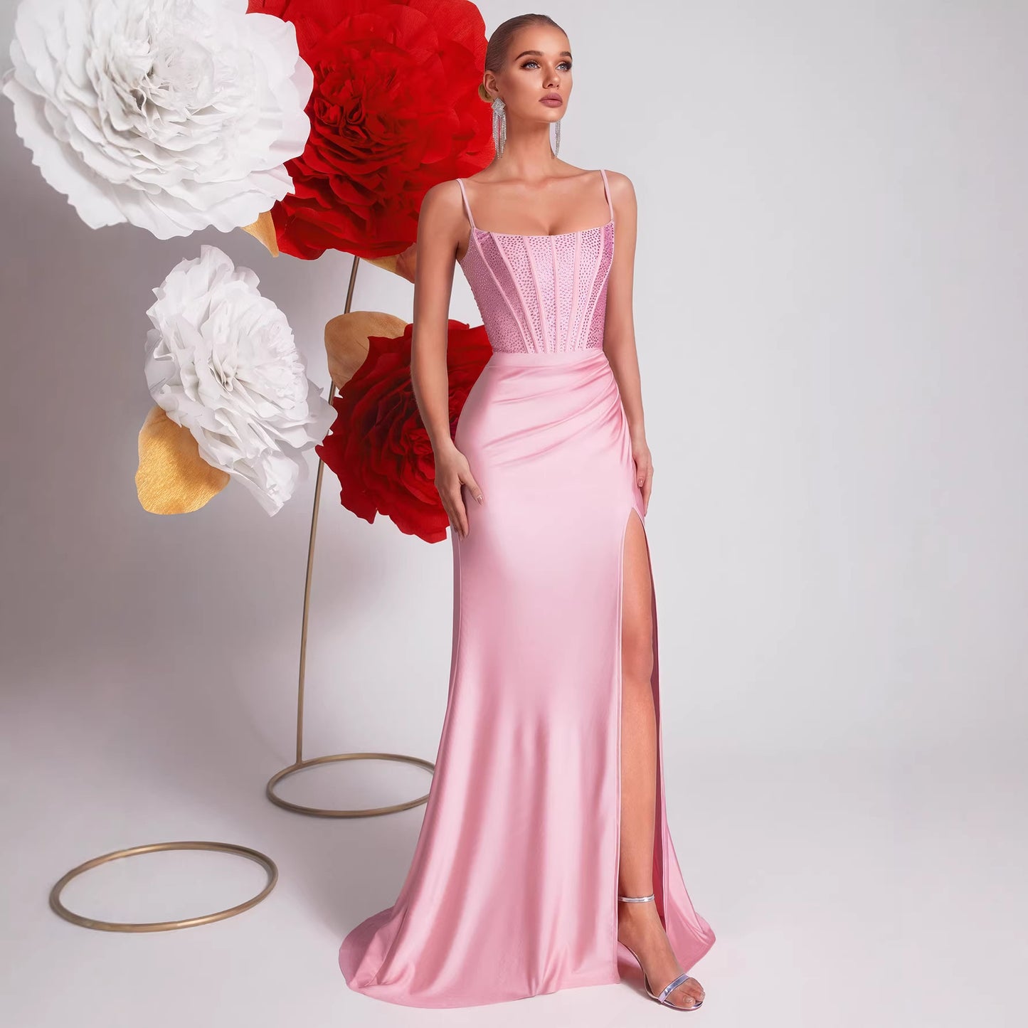 Pink Sling Fishbone Light Luxury Rhinestone Waist Slit Fishtail Dress