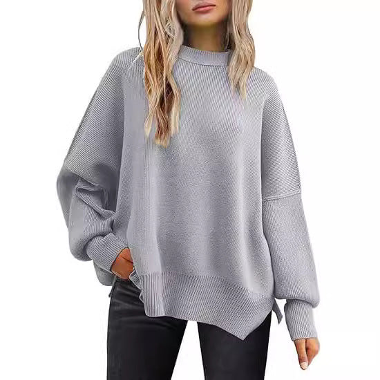 Women's Side Slit Round Neck Loose Solid Color Batwing Long Sweater