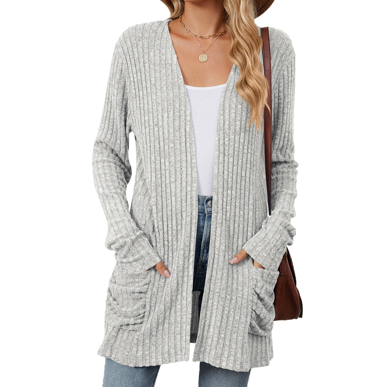 Solid Color Pocket Long Sleeve Bottoming Knitwear