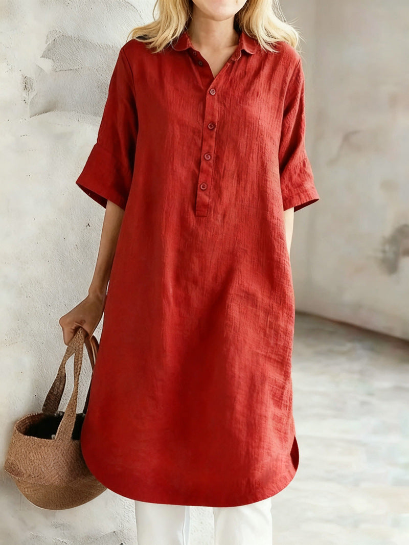 Casual Cotton Linen Sleeve Loose Shirt Dress