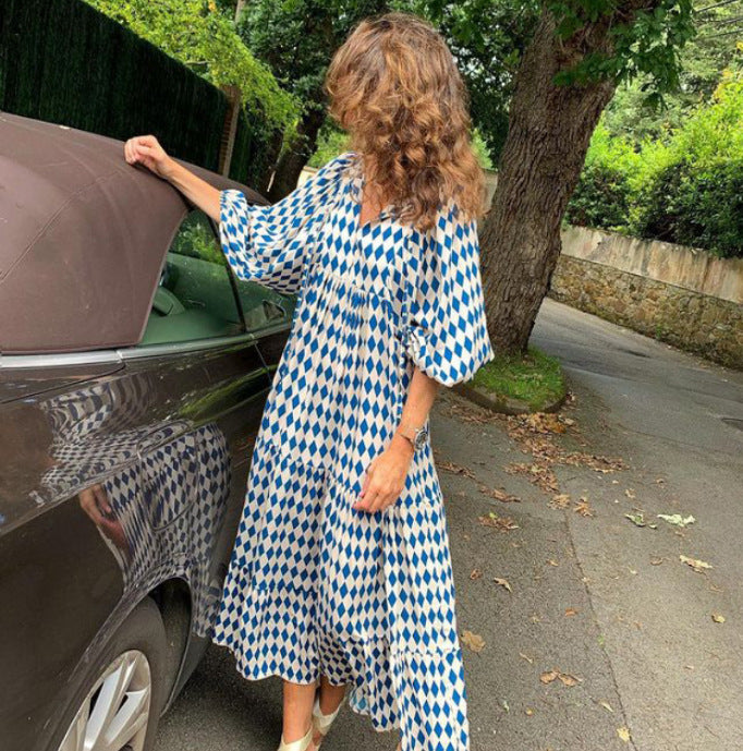 Women's Autumn Geometric Print Puff Sleeve Dress Dresses