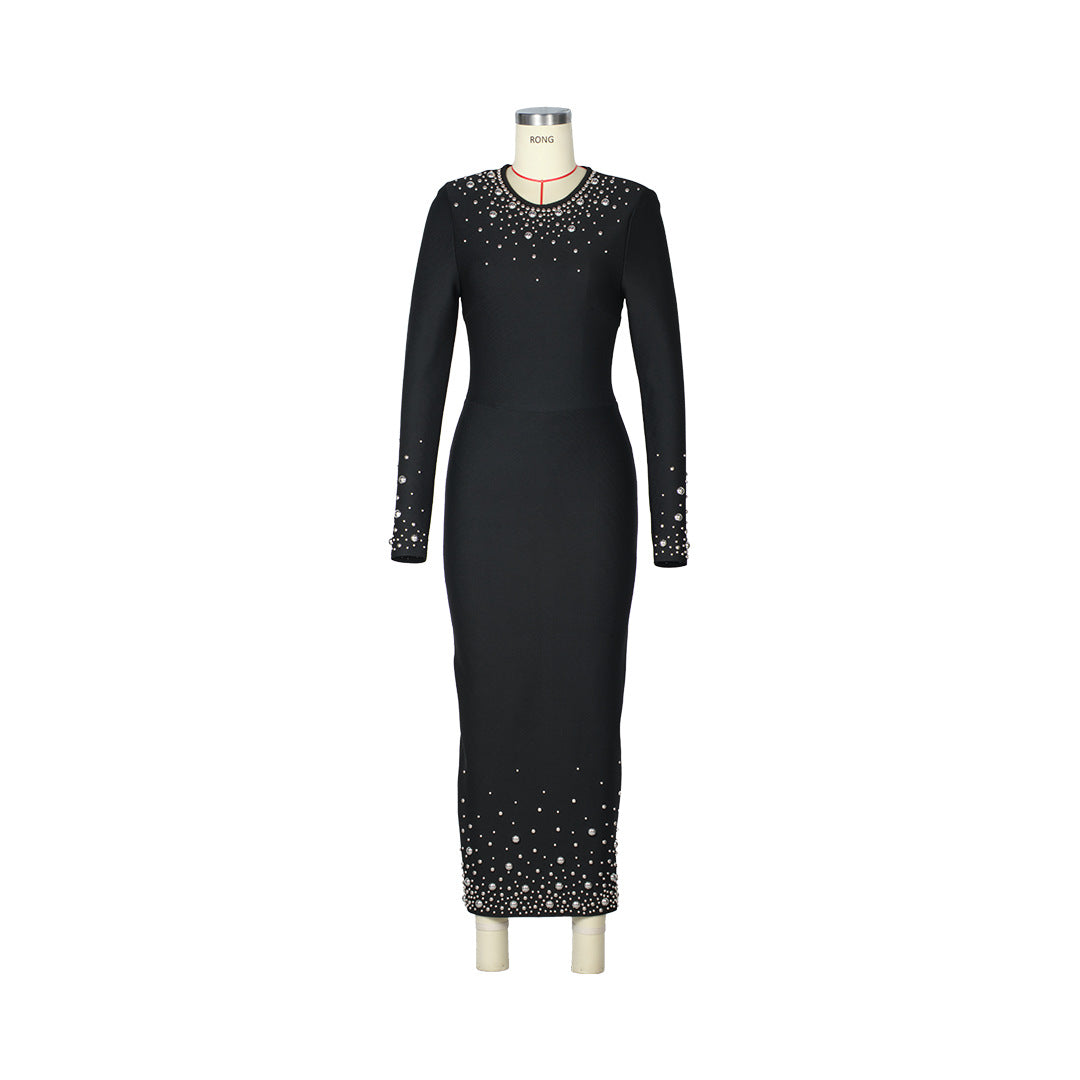 Elegant Bandage One-piece Wire Nail Decorative Long Sleeve Dress