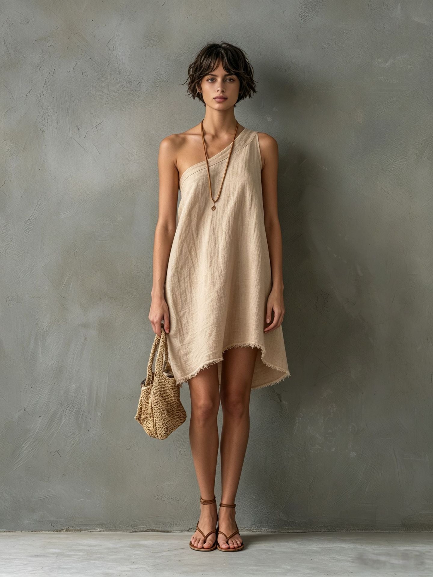 Women's Minimalist Linen Blend Shoulder Sleeveless Frayed Dress