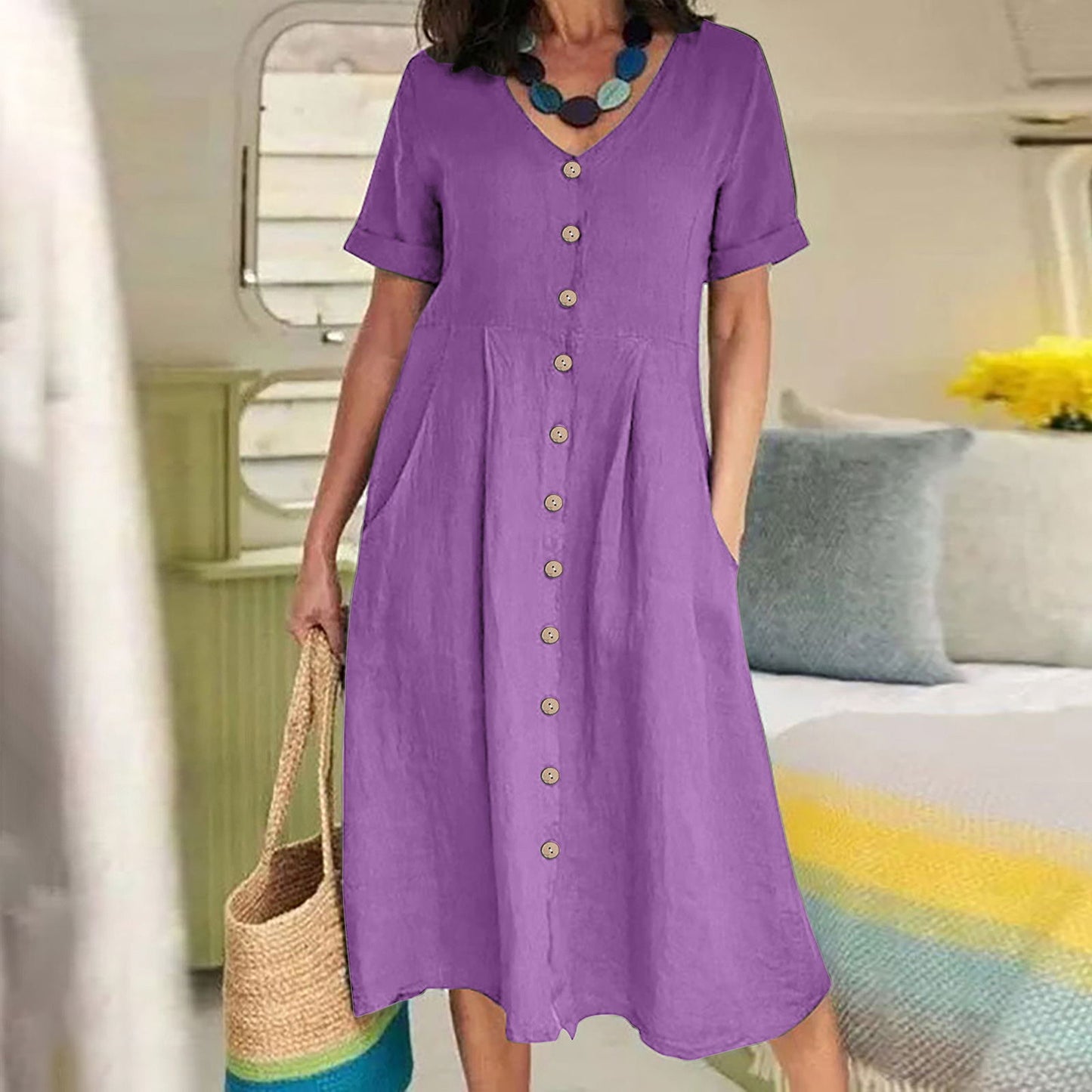 Solid Color Loose High Waist Cotton Dress