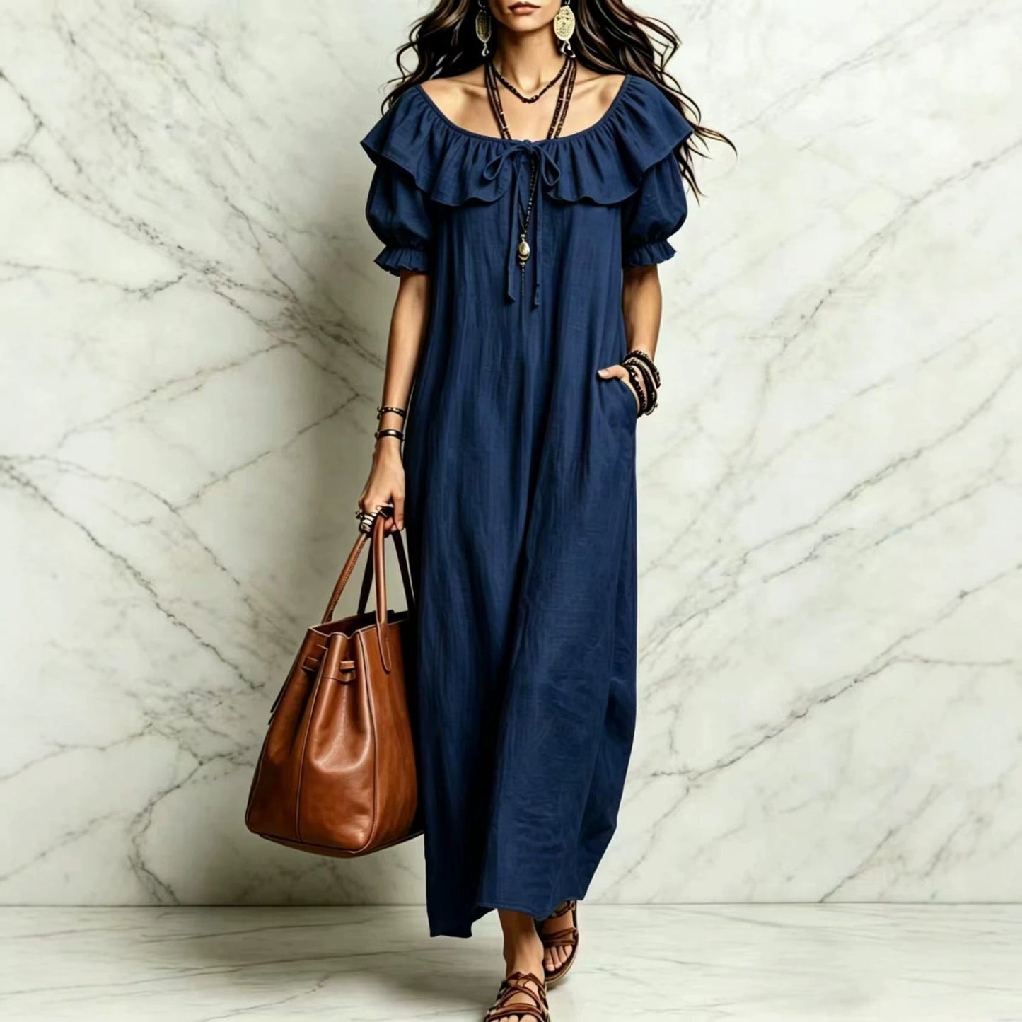 Loose Round Neck Ruffled Leisure Temperament Seaside Dress
