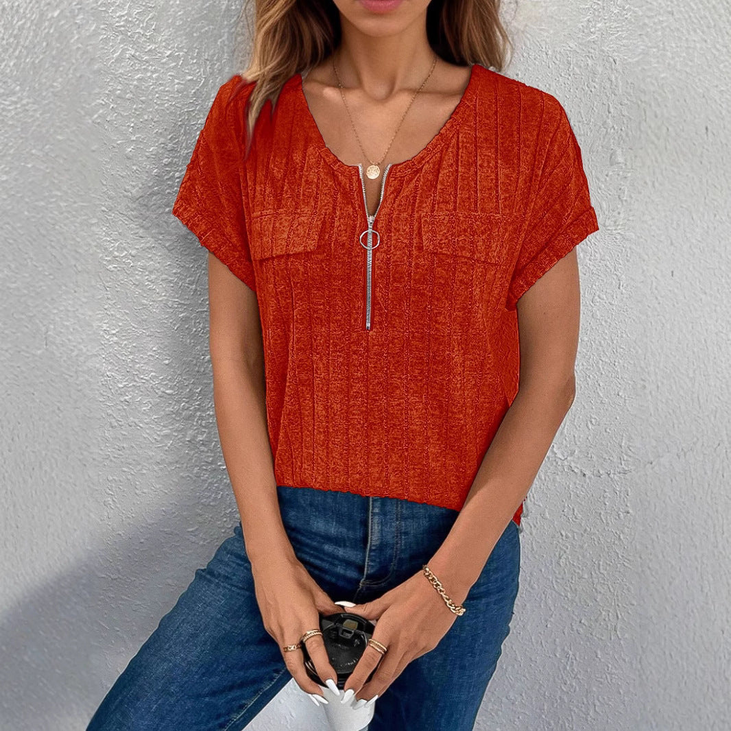 Solid Color Zipper Sleeve Faux Pocket Blouses