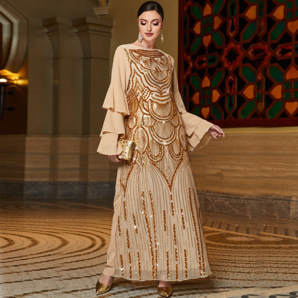 Lotus Leaf Sleeve Positioning Sequined Embroidered Dresses