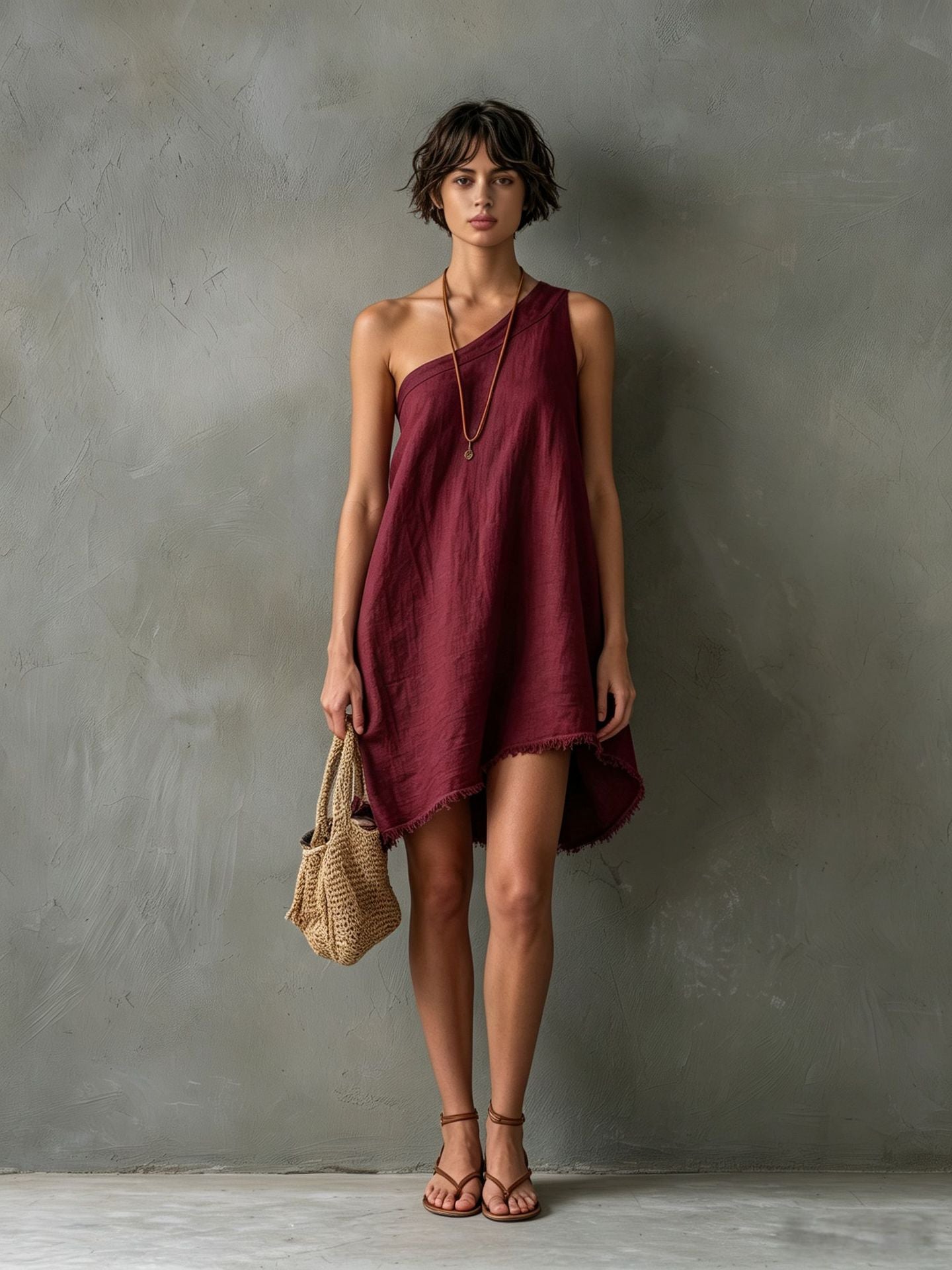Women's Minimalist Linen Blend Shoulder Sleeveless Frayed Dress