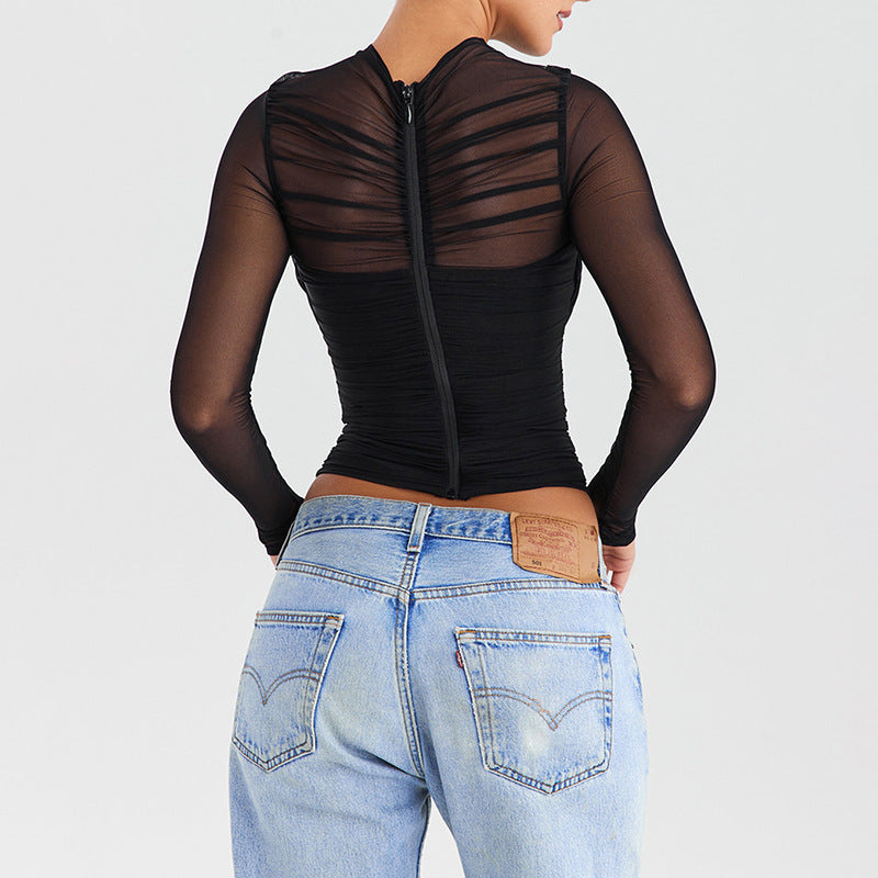 Women's Fashion Sexy Hot Mesh Stitching Zipper Blouses